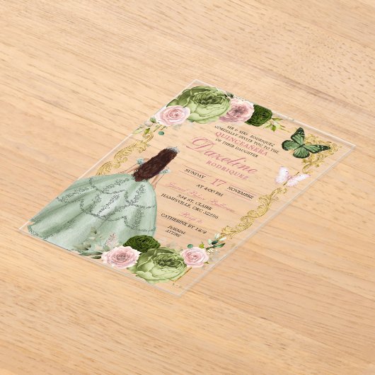 Sage Green en Blush Princess Quinceanera Acryl Uitnodigingen (Laagn)