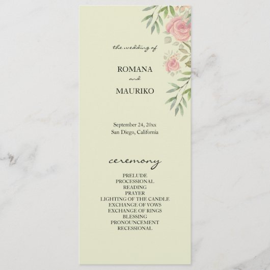 Sage Green en Blush Waterverf Rozen Programmakaart (Voorkant)