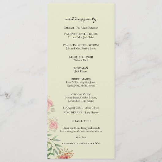 Sage Green en Blush Waterverf Rozen Programmakaart (Achterkant)