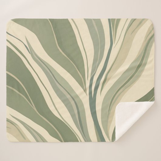 Sage Green en Cream Abstract Bladeren Patroon Sherpa Deken (Voorkant (horizontaal))