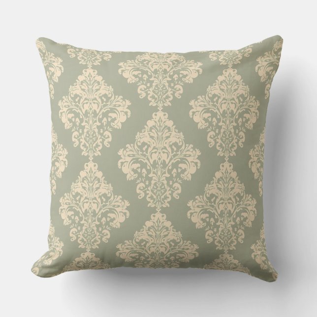  Sage Green en Cream Damask Pattern Kussen (Voorkant)