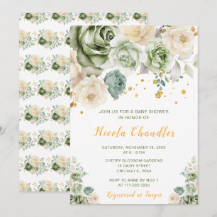Sage Green en Cream Floral Baby shower Kaart