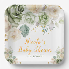 Sage Green en Cream Floral Baby shower Papieren Bordje