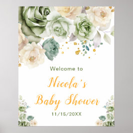 Sage Green en Cream Floral Baby shower Welkom Poster
