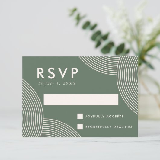 Sage Green en Cream Geometric Swirl Wedding RSVP Kaartje (Staand voorkant)