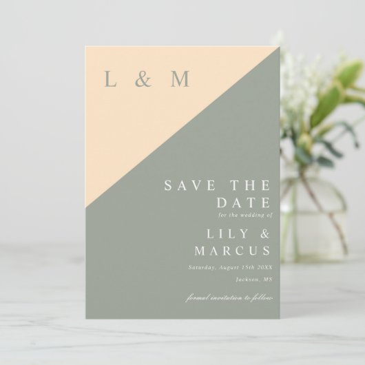 Sage Green en Cream Monogram Trouwfoto Save The Date (Staand voorkant)