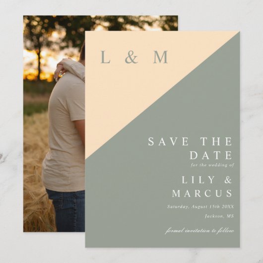 Sage Green en Cream Monogram Trouwfoto Save The Date (Voorkant / Achterkant)