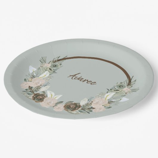Sage Green en Creamy Vanilla Waterverf Flowers Papieren Bordje (Gekanteld)