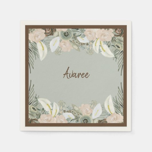 Sage Green en Creamy Vanilla Waterverf Flowers Servet (Voorkant)