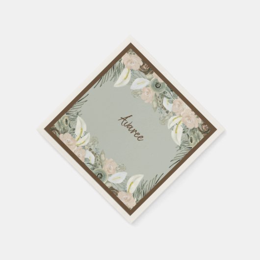 Sage Green en Creamy Vanilla Waterverf Flowers Servet (Hoek)