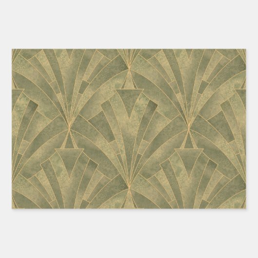 Sage Green en Gold Art Deco Patroon Inpakpapier Vel (Voorkant 2)