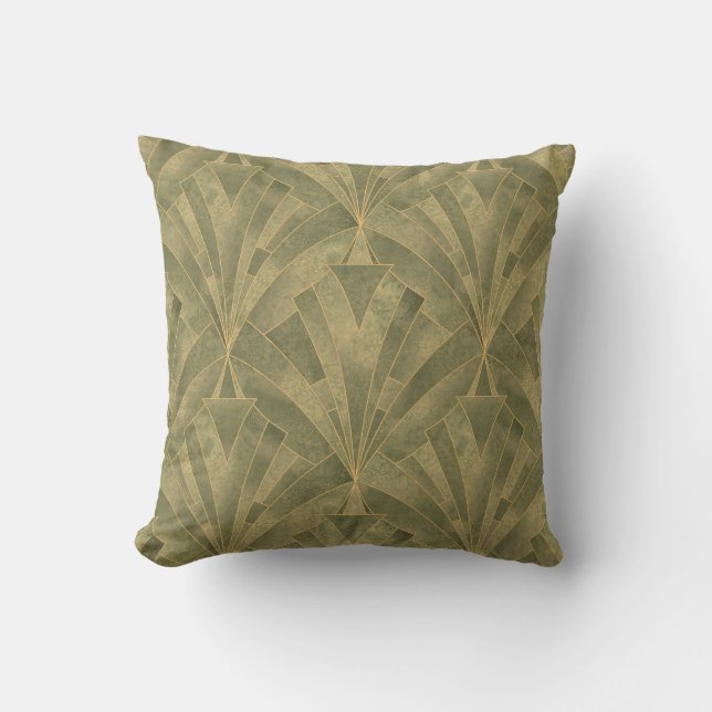 Sage Green en Gold Art Deco Patroon Kussen (Voorkant)