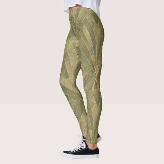 Sage Green en Gold Art Deco Patroon Leggings (Links)
