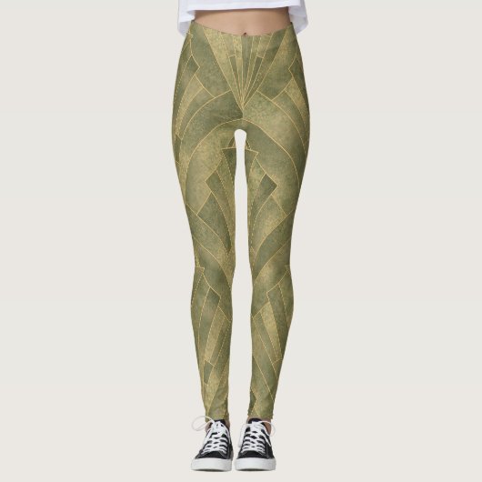 Sage Green en Gold Art Deco Patroon Leggings (Voorkant)