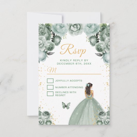 Sage Green en Gold Brunette Hair Princess RSVP Kaartje (Voorkant)