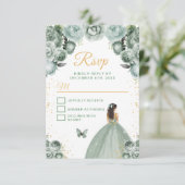 Sage Green en Gold Brunette Hair Princess RSVP Kaartje (Staand voorkant)