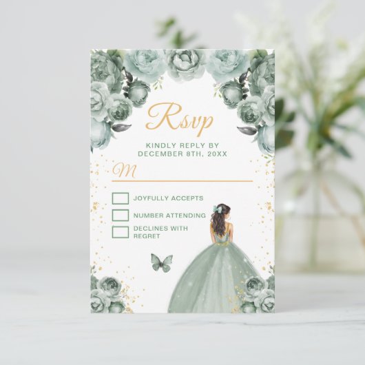 Sage Green en Gold Brunette Hair Princess RSVP Kaartje (Staand voorkant)