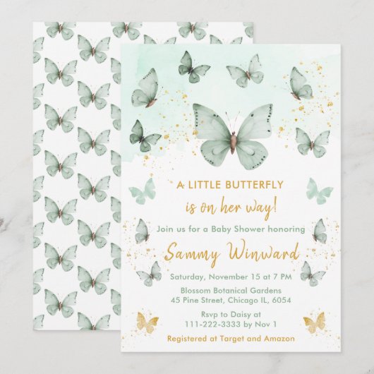 Sage Green en Gold Butterfly Baby shower Kaart (Voorkant / Achterkant)