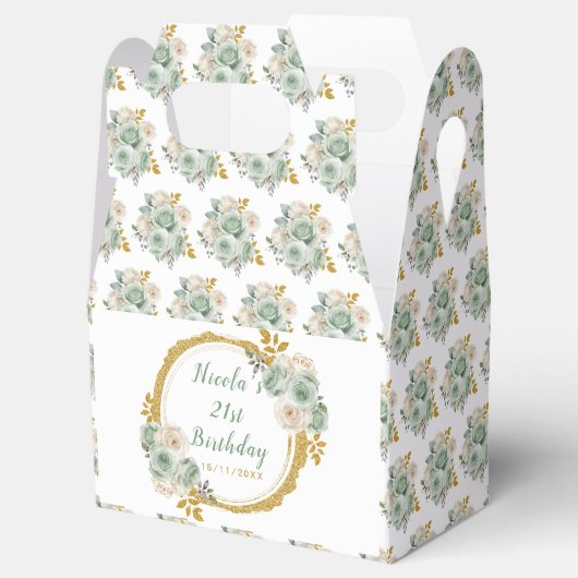 Sage Green en Gold Elegant Bloemen Verjaardag Bedankdoosjes (Geopend)