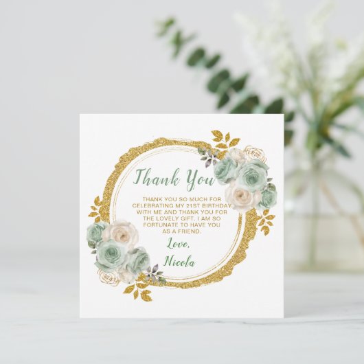 Sage Green en Gold Elegant Bloemen Verjaardagsfees Bedankkaart (Staand voorkant)