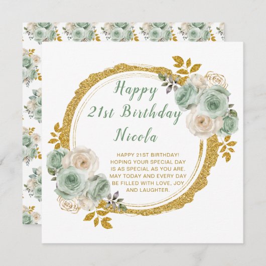 Sage Green en Gold Elegant Bloemen Verjaardagsfees Kaart (Voorkant / Achterkant)