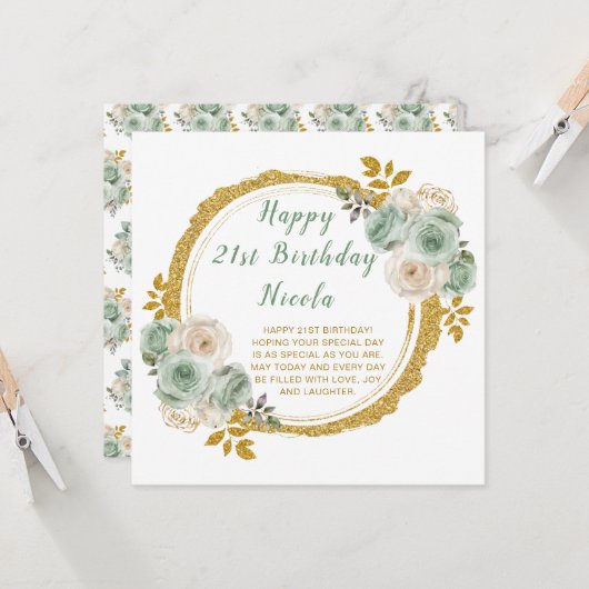 Sage Green en Gold Elegant Bloemen Verjaardagsfees Kaart (Voorkant / Achterkant in situ)