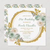 Sage Green en Gold Elegant Bloemen Verjaardagsfees Kaart (Voorkant / Achterkant)