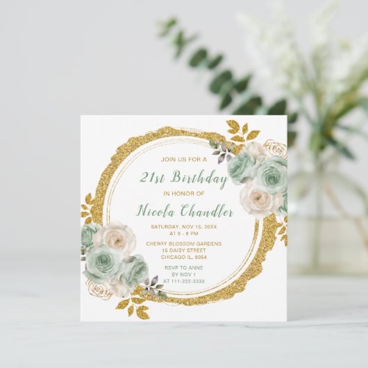 Sage Green en Gold Elegant Bloemen Verjaardagsfees Kaart (Staand voorkant)