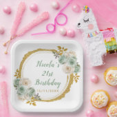 Sage Green en Gold Elegant Bloemen Verjaardagsfees Papieren Bordje (Feest)