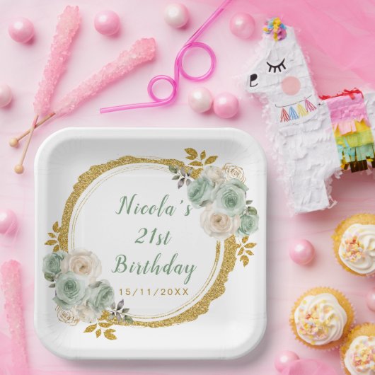 Sage Green en Gold Elegant Bloemen Verjaardagsfees Papieren Bordje (Feest)