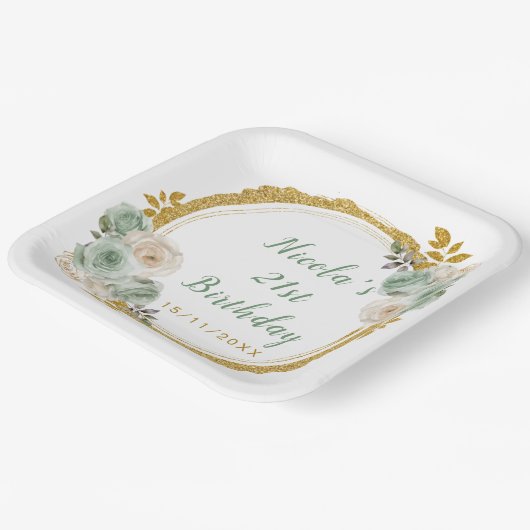 Sage Green en Gold Elegant Bloemen Verjaardagsfees Papieren Bordje (Gebogen)