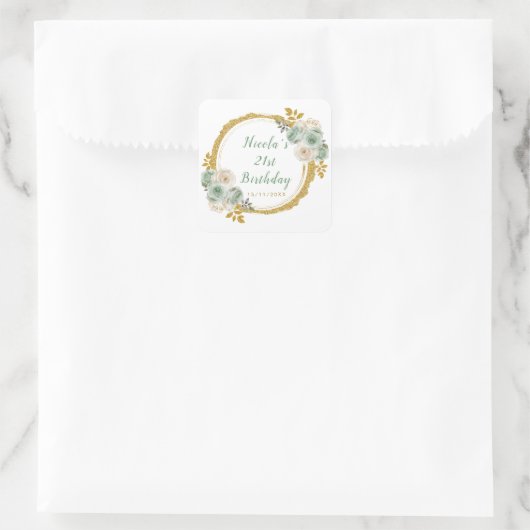 Sage Green en Gold Elegant Bloemen Verjaardagsfees Vierkante Sticker (Tas)