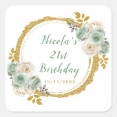 Sage Green en Gold Elegant Bloemen Verjaardagsfees Vierkante Sticker (Voorkant)