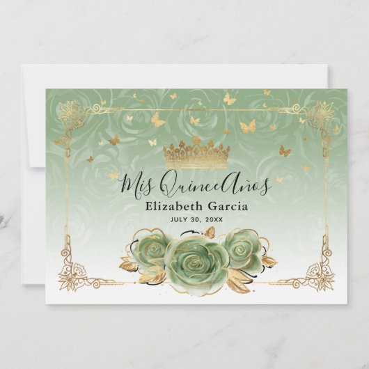 Sage Green en Gold Quinceañera Foto van Birthday Bedankkaart (Achterkant)