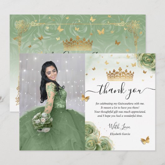 Sage Green en Gold Quinceañera Foto van Birthday Bedankkaart (Voorkant / Achterkant)