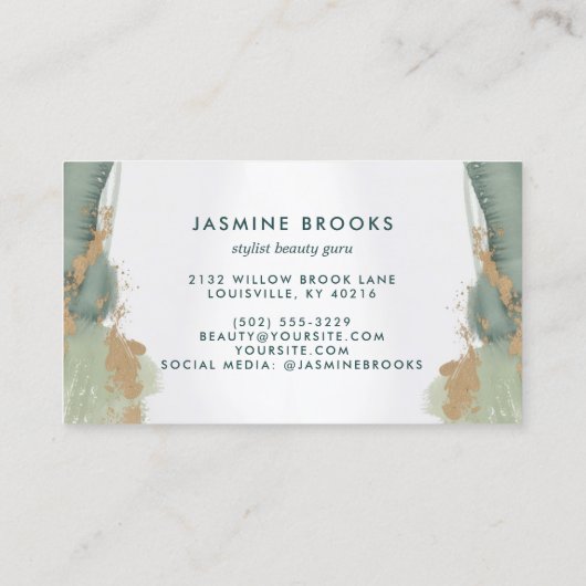 Sage Green en Gold Waterverf Visitekaartje (Achterkant)