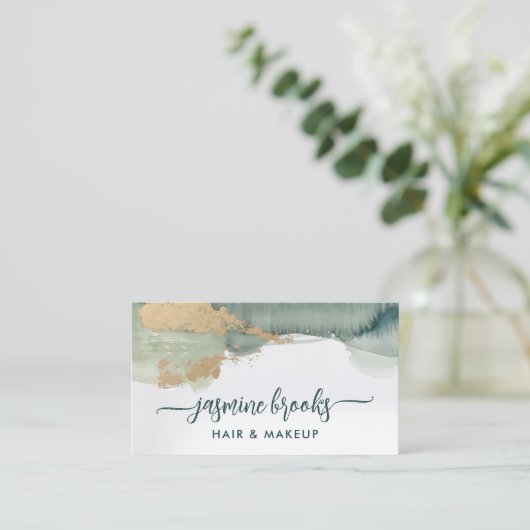 Sage Green en Gold Waterverf Visitekaartje (Staand voorkant)
