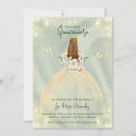 Sage Green en Golden Roos Elegant Quinceañera Kaart (Voorkant)