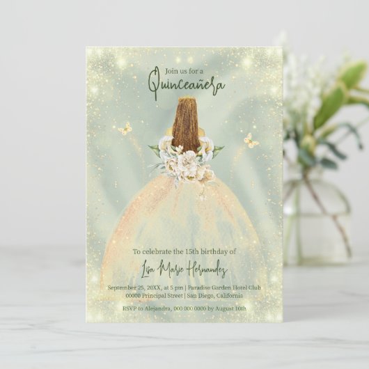 Sage Green en Golden Roos Elegant Quinceañera Kaart (Staand voorkant)