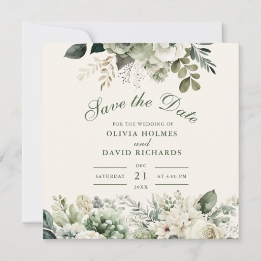 Sage Green en Ivory Wildflower Save the Date Kaart (Voorkant)