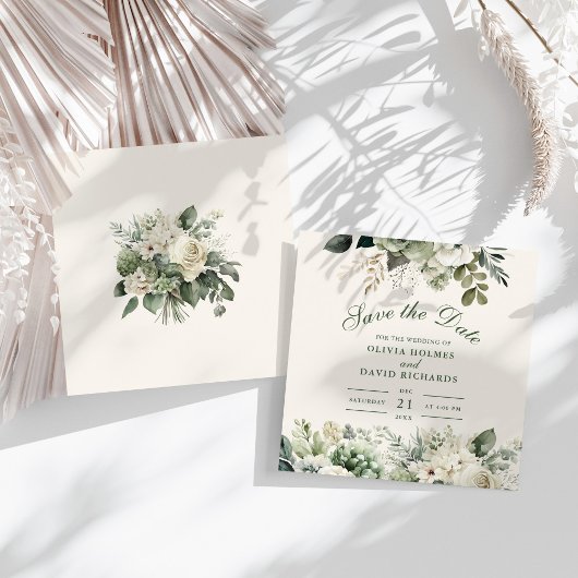 Sage Green en Ivory Wildflower Save the Date Kaart