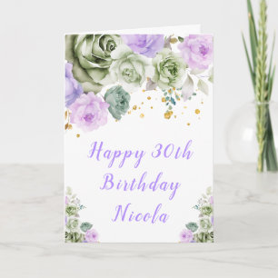 Sage Green en Paarse Bloemen Happy Birthday Kaart