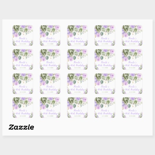 Sage Green en Paarse Bloemen Verjaardagsfeest Vierkante Sticker (Vel)