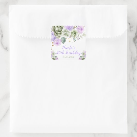Sage Green en Paarse Bloemen Verjaardagsfeest Vierkante Sticker (Tas)