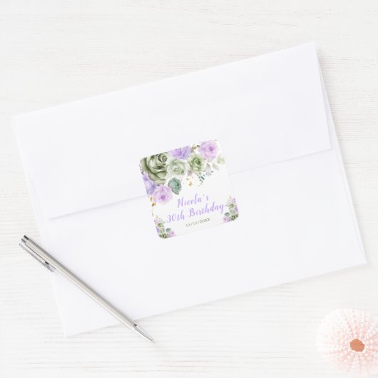 Sage Green en Paarse Bloemen Verjaardagsfeest Vierkante Sticker (Envelop)