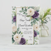 Sage Green en Paarse Floral huwelijksuitnodiging Kaart (Staand voorkant)