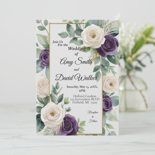 Sage Green en Paarse Floral huwelijksuitnodiging Kaart (Staand voorkant)