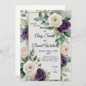 Sage Green en Paarse Floral huwelijksuitnodiging Kaart (Voorkant / Achterkant)