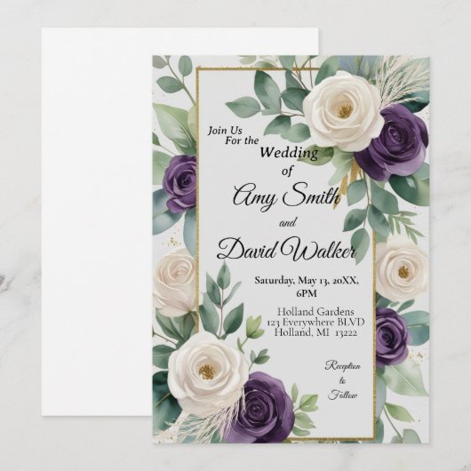 Sage Green en Paarse Floral huwelijksuitnodiging Kaart (Voorkant / Achterkant)