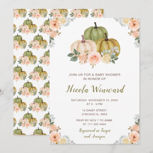 Sage Green en Peach Bloemenpompoenen Baby shower Kaart (Voorkant / Achterkant)